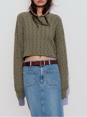 Zara Olive Green Cable-Knit Cropped Sweater